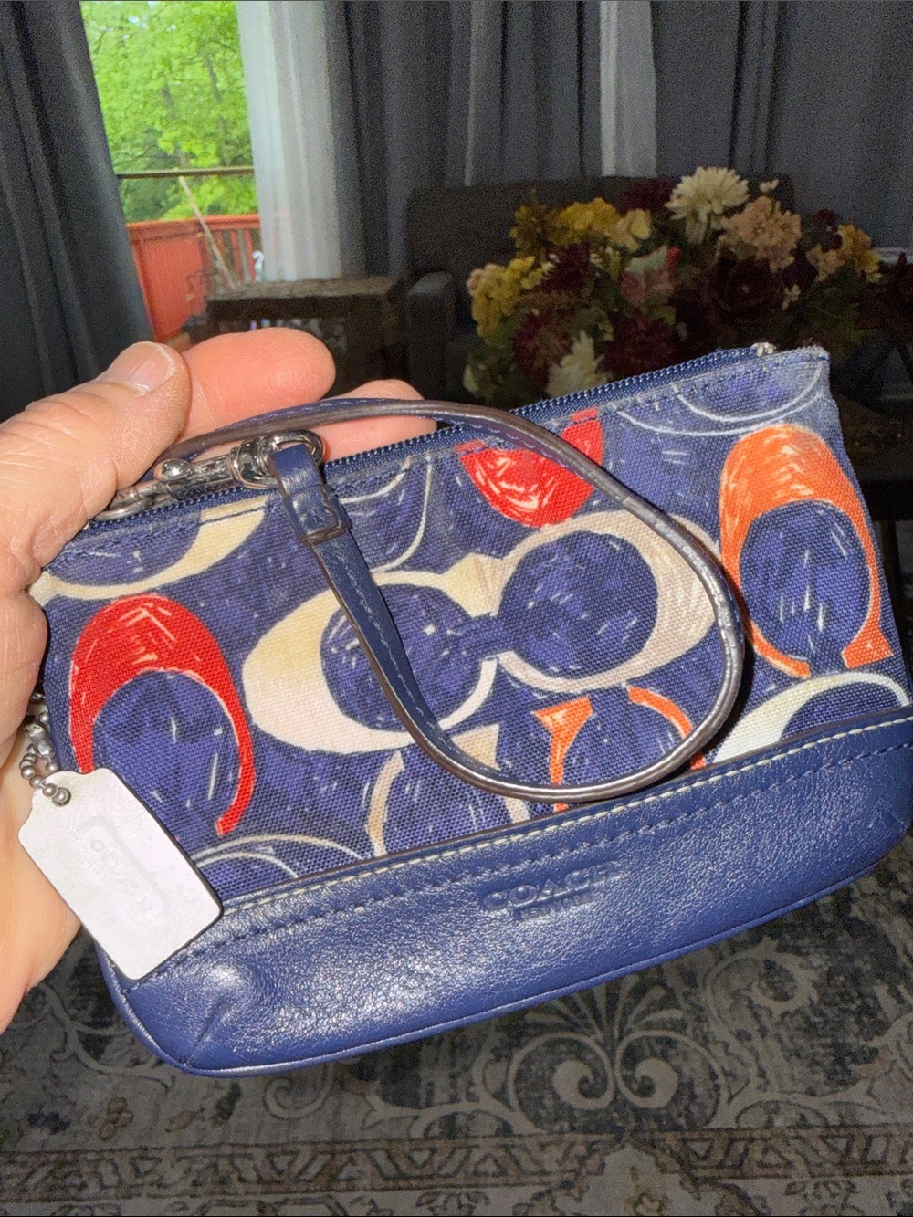 Coach Navy Canvas Wristlet with Orange and Red Abstract Circles